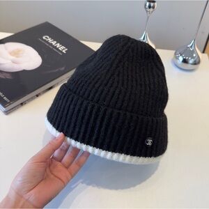 CHANEL Black Knit Beanie with White Trim
